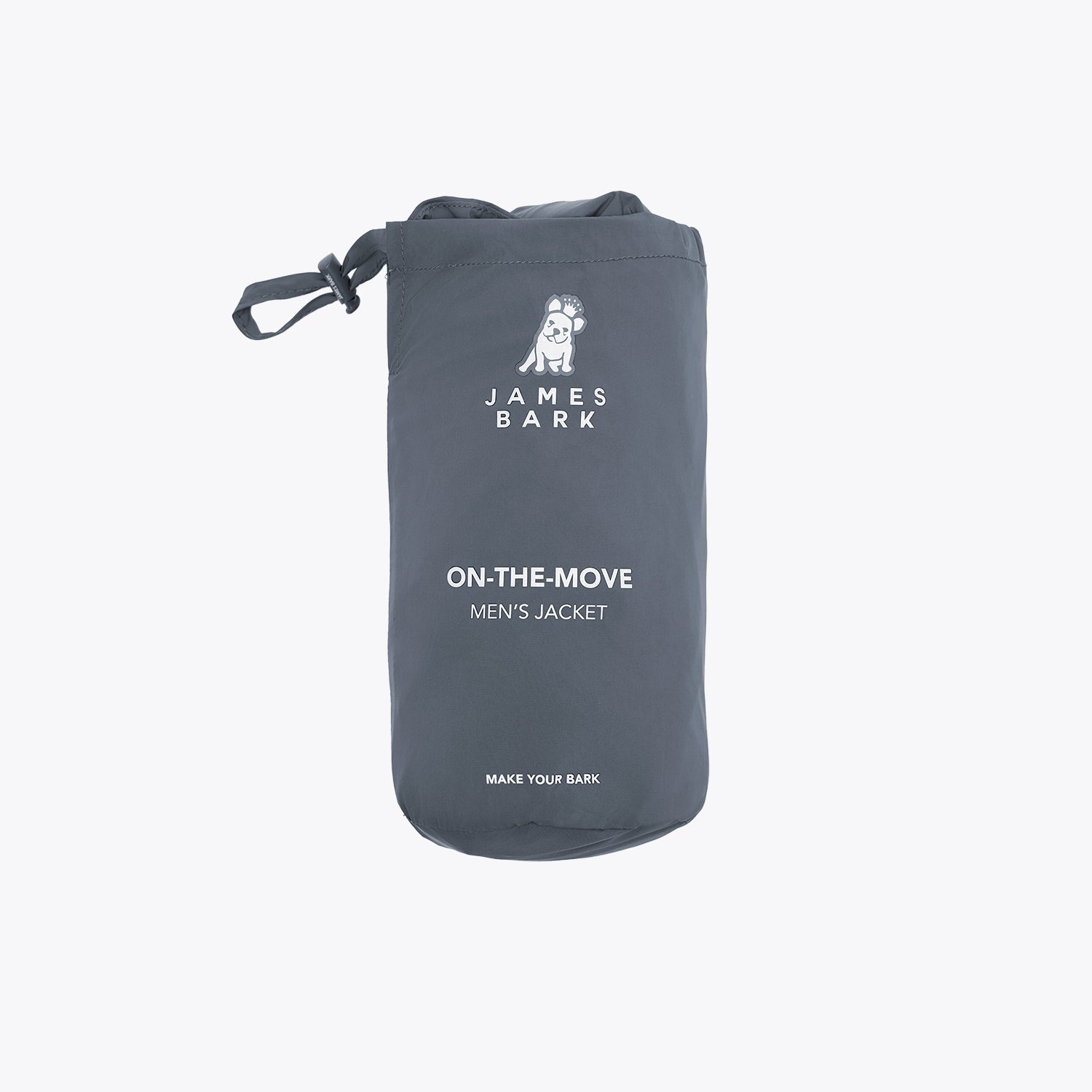 A dark gray drawstring pouch with a white printed James Bark logo and text reading 'ON-THE-MOVE MEN'S JACKET' on a light gray background.