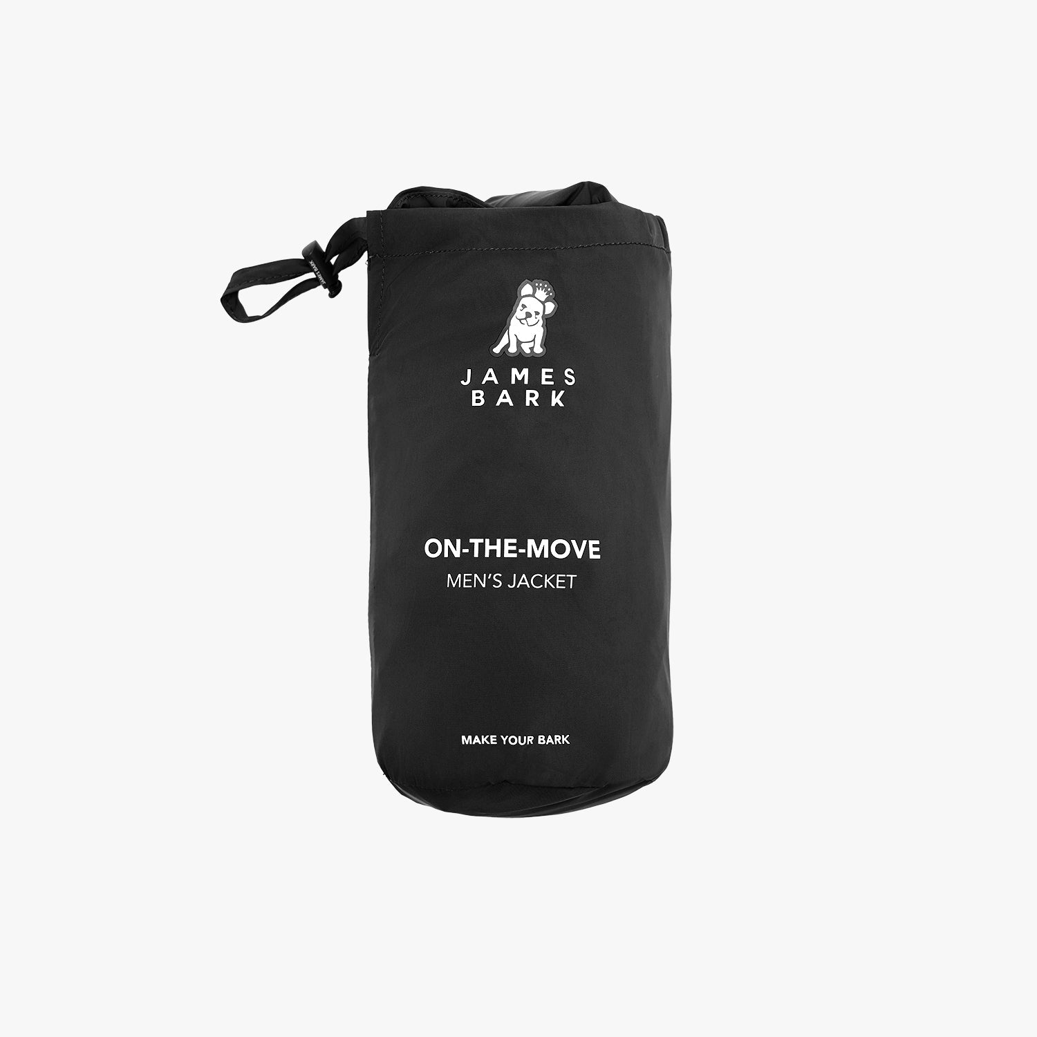 A black drawstring pouch with a white printed James Bark logo and text reading 'ON-THE-MOVE MEN'S JACKET' on a light gray background.