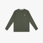 An olive green long-sleeve rashguard with a small pink embroidered logo on the left chest, displayed flat