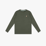 An olive green long-sleeve rashguard with a small pink embroidered logo on the left chest, displayed flat
