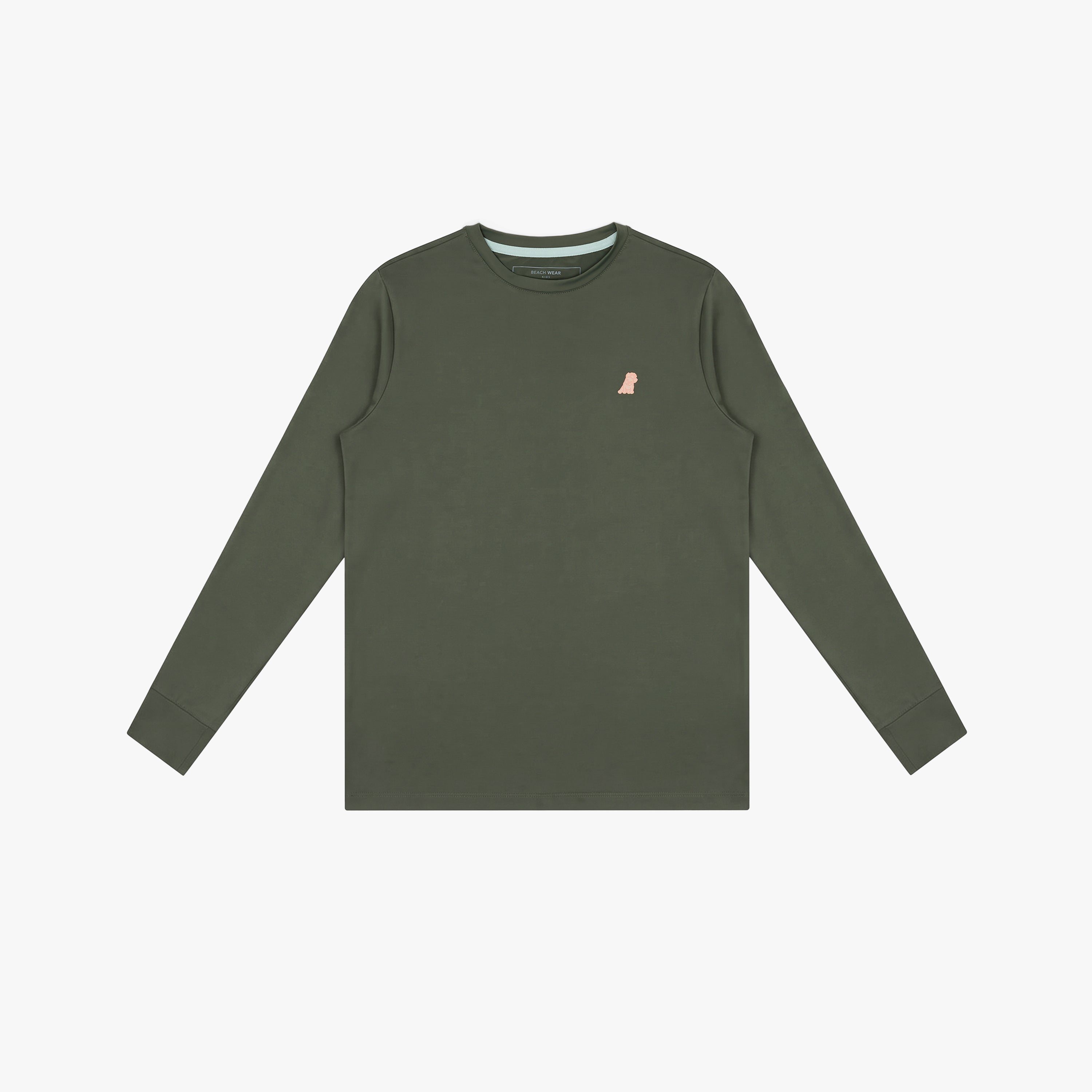 An olive green long-sleeve rashguard with a small pink embroidered logo on the left chest, displayed flat
