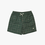 Dark green patterned swim shorts with a white drawstring and a small white embroidered logo on the lower left leg