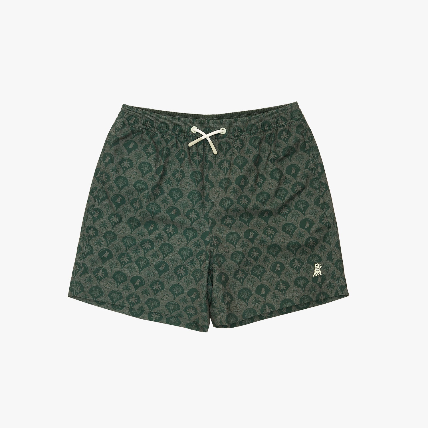 Dark green patterned swim shorts with a white drawstring and a small white embroidered logo on the lower left leg