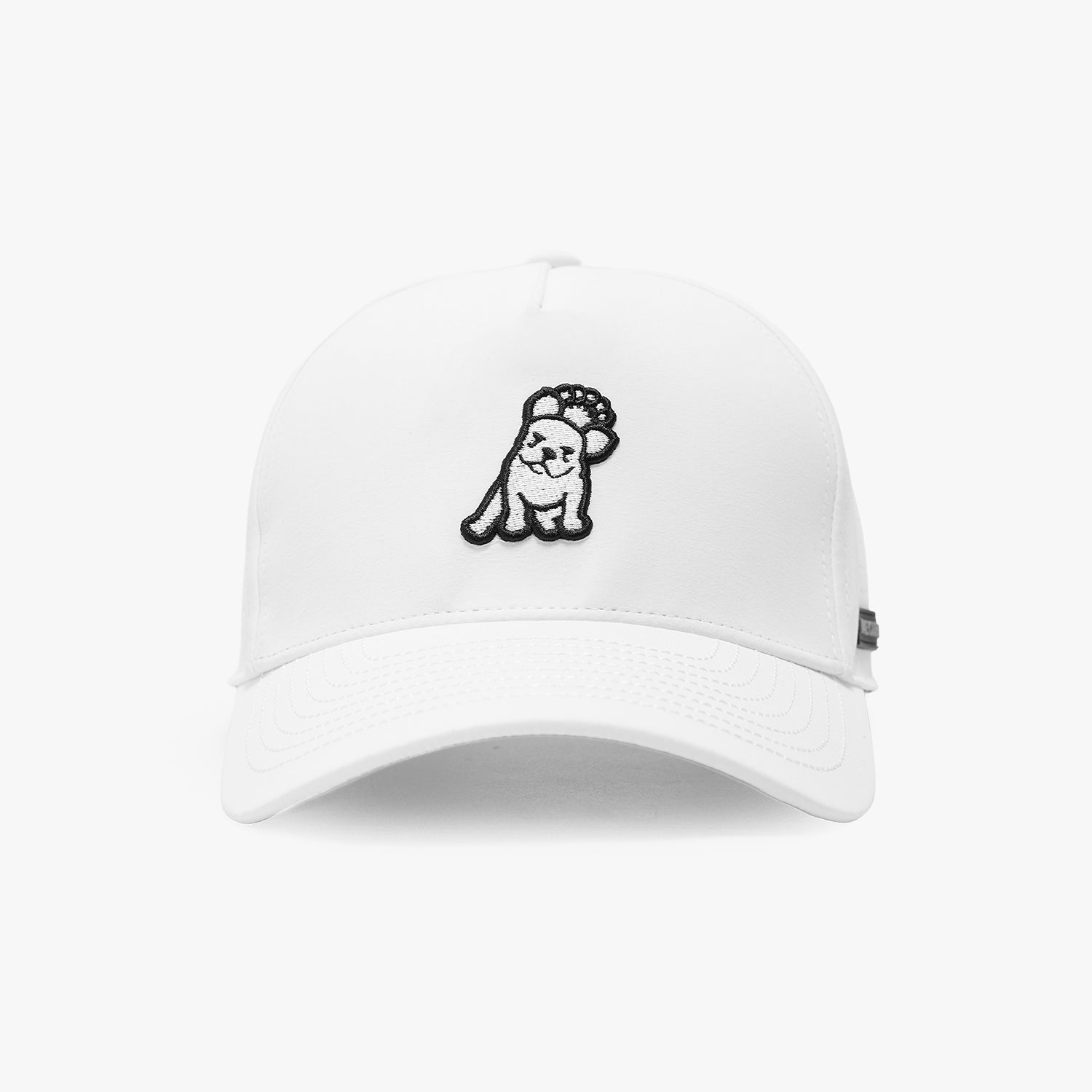 White recycled cap with an embroidered dog logo on the front