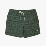 Dark green patterned swim trunks with a white drawstring and a small embroidered logo on the lower left leg