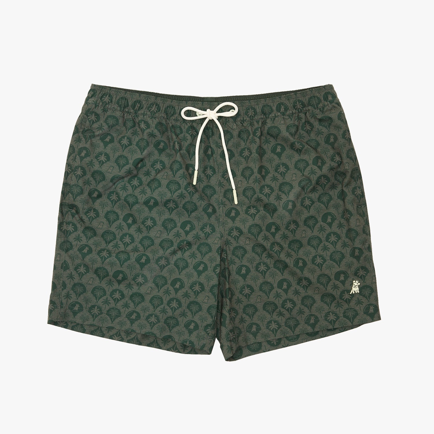 Dark green patterned swim trunks with a white drawstring and a small embroidered logo on the lower left leg