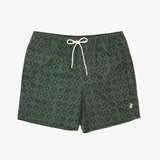 Dark green patterned swim trunks with a white drawstring and a small embroidered logo on the lower left leg