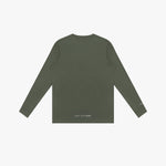 An olive green rashguard shown from the back, featuring a crew neck and small white text near the bottom left hem that reads 'MAKE YOUR BARK'.