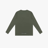 An olive green rashguard shown from the back, featuring a crew neck and small white text near the bottom left hem that reads 'MAKE YOUR BARK'.