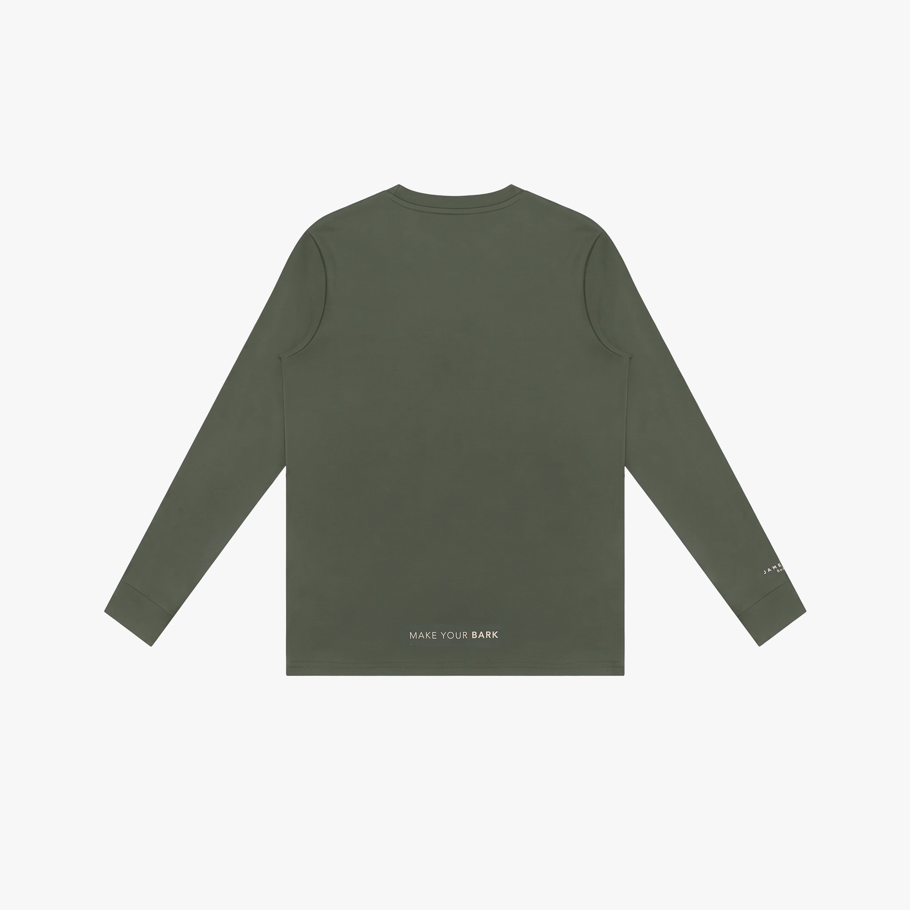 An olive green rashguard shown from the back, featuring a crew neck and small white text near the bottom left hem that reads 'MAKE YOUR BARK'.