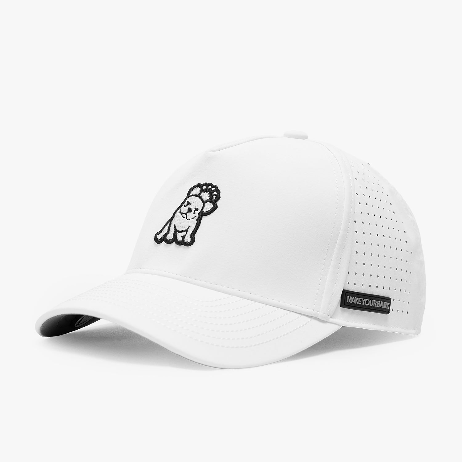 White recycled cap seen from a side with an embroidered dog logo