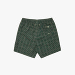 A pair of dark green boxer shorts with a repeating tonal paisley pattern, featuring an elastic waistband and decorative buttons
