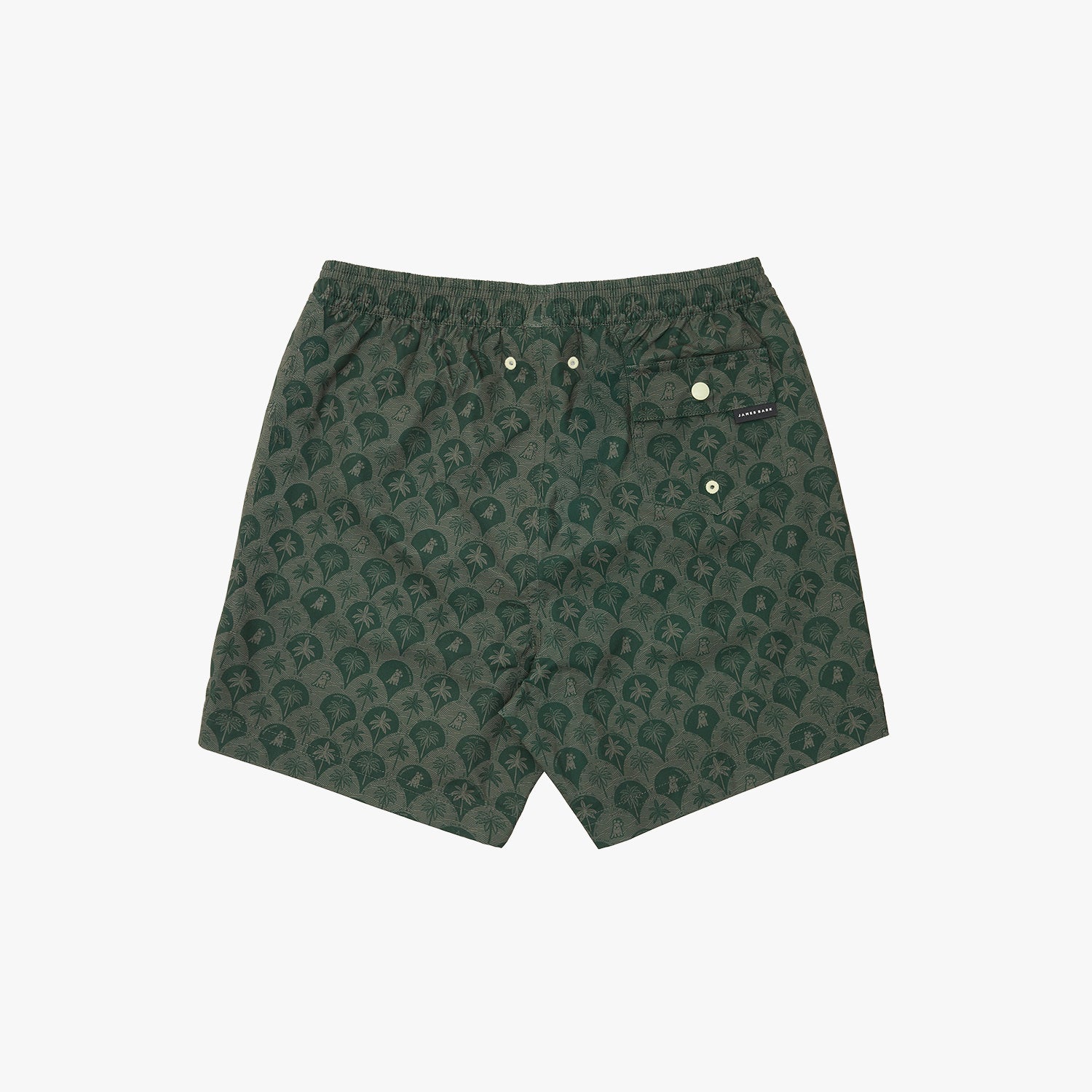 A pair of dark green boxer shorts with a repeating tonal paisley pattern, featuring an elastic waistband and decorative buttons