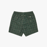 A pair of dark green boxer shorts with a repeating tonal paisley pattern, featuring an elastic waistband and decorative buttons