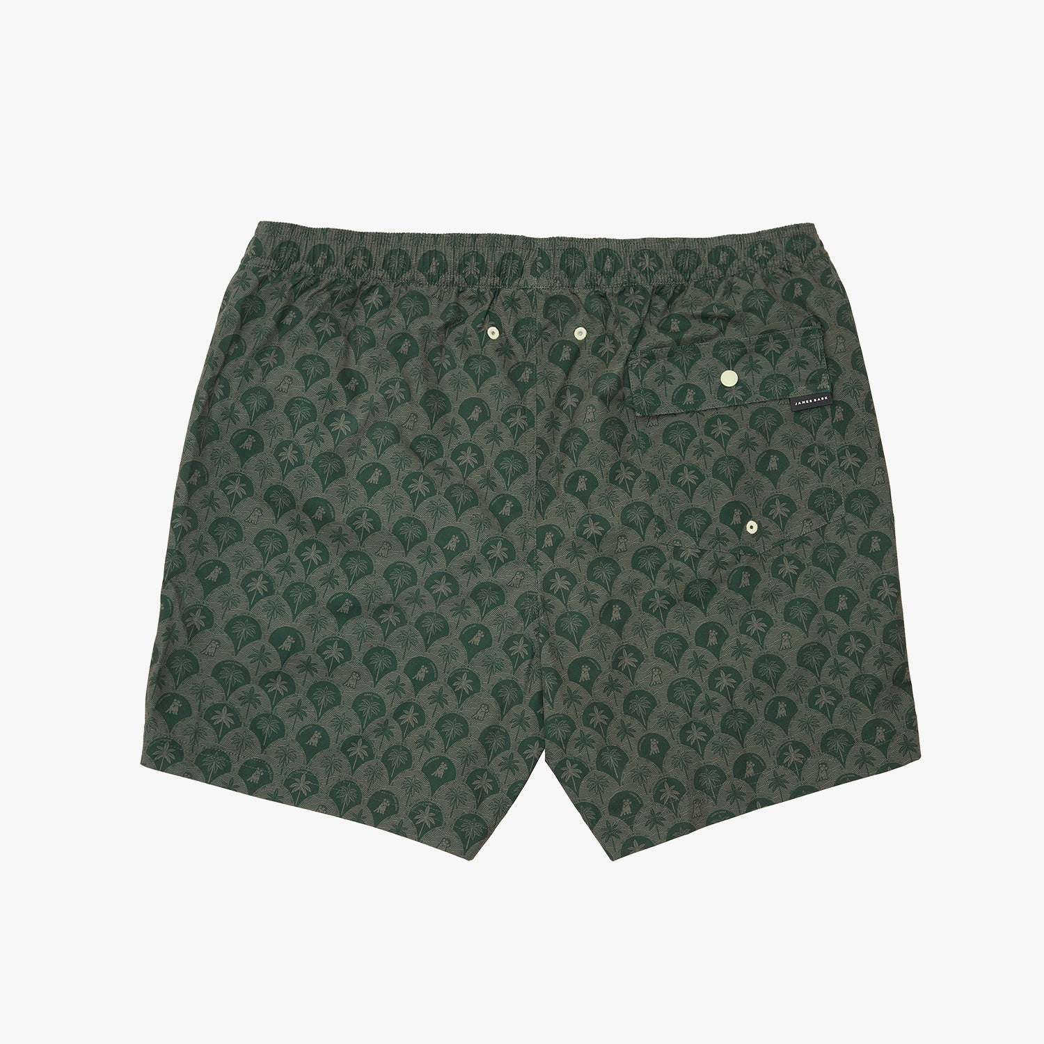 A pair of swim shorts in dark green with a repeating light green palm tree pattern, featuring a buttoned side pocket and drawstring waist
