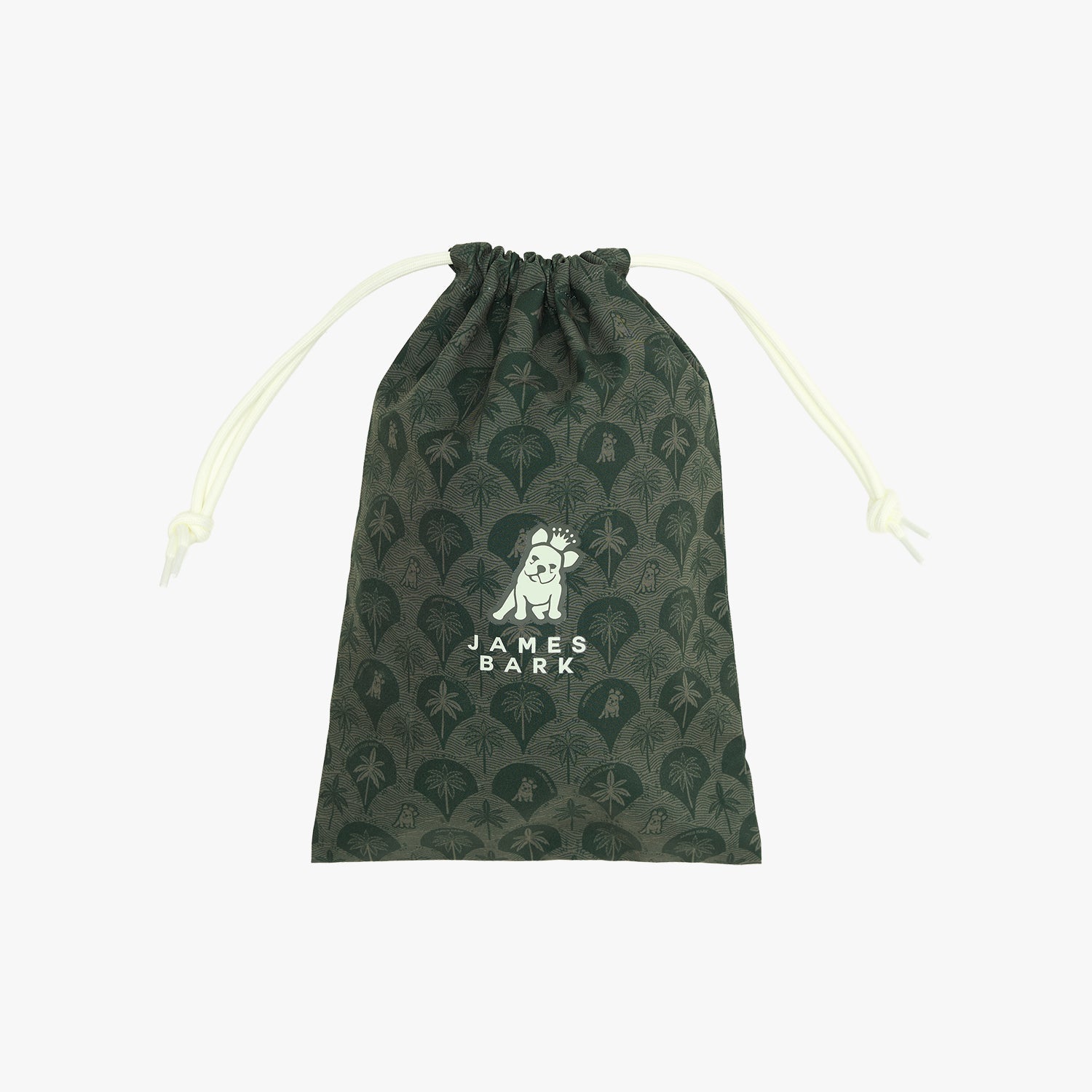 A dark green drawstring pouch with a repeating palm tree pattern and a white 'JAMES BARK' dog logo printed on the front