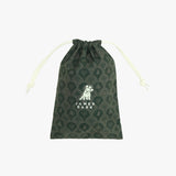 A dark green drawstring pouch with a repeating palm tree pattern and a white 'JAMES BARK' dog logo printed on the front
