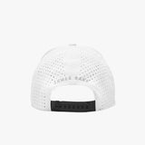 White perforated baseball cap shown from the back, featuring 'JAMES BARK' printed in gray across the back panels and a black snap closure.
