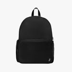 Front view of a sleek black James Bark backpack with a large zippered front pocket