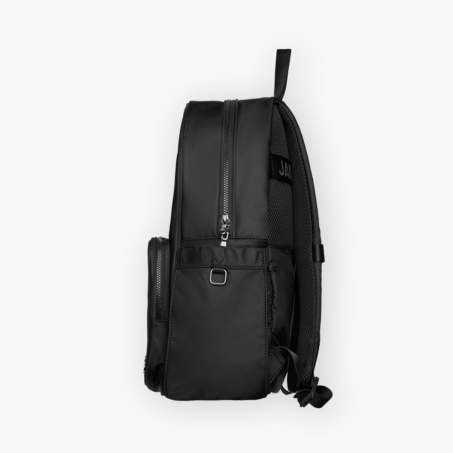 Side view showing the durable zippers and a metal D-ring attachment