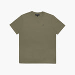 Olive green t-shirt with a small logo on a white background