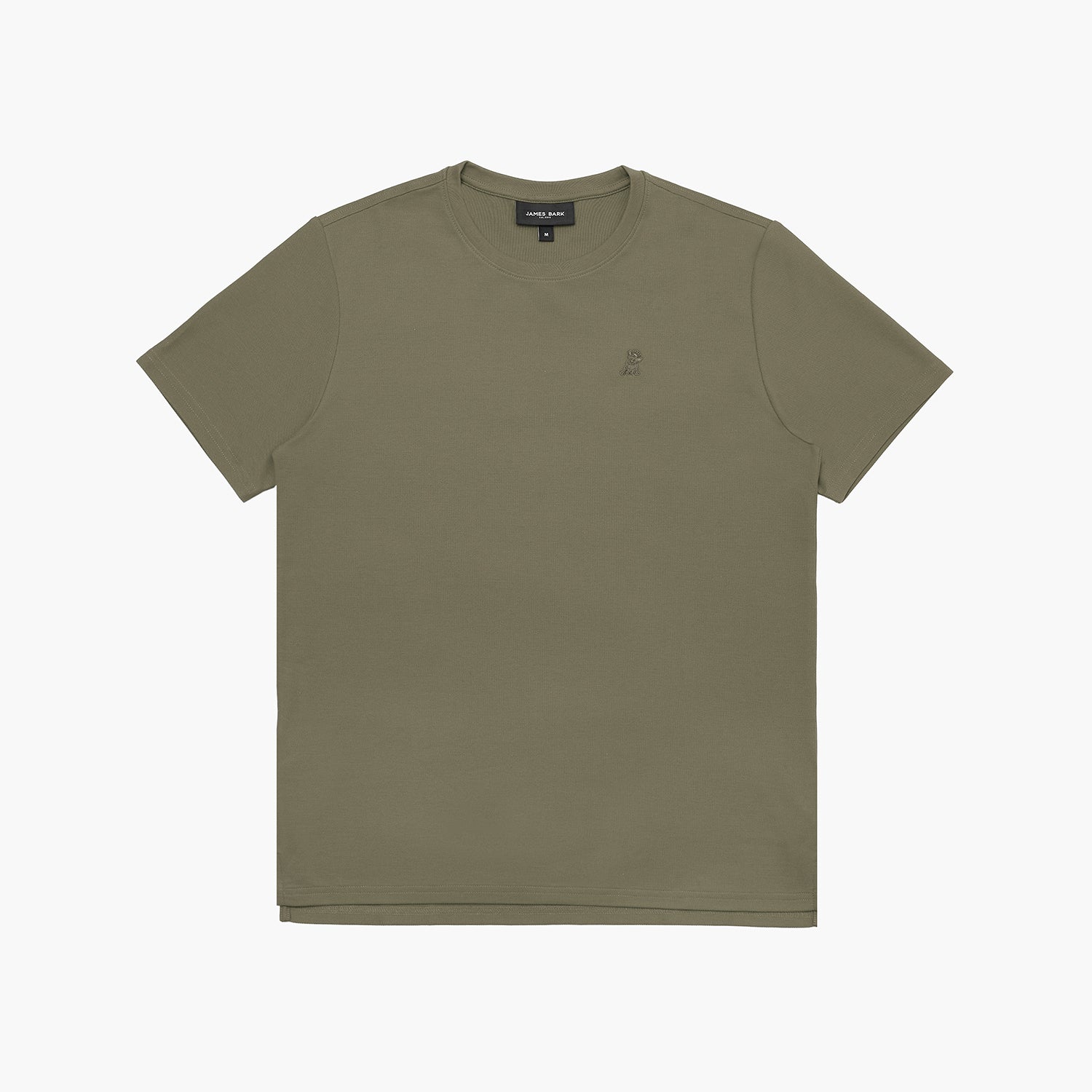 Olive green t-shirt with a small logo on a white background
