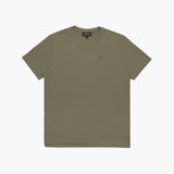 Olive green t-shirt with a small logo on a white background