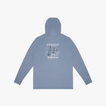 A light blue hooded long-sleeve rashguard shown from the back, featuring a white graphic print of a sailing ship and the text 'SAILING CLUB' and 'JAMES BARK'.