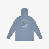 A light blue hooded long-sleeve rashguard shown from the back, featuring a white graphic print of a sailing ship and the text 'SAILING CLUB' and 'JAMES BARK'.