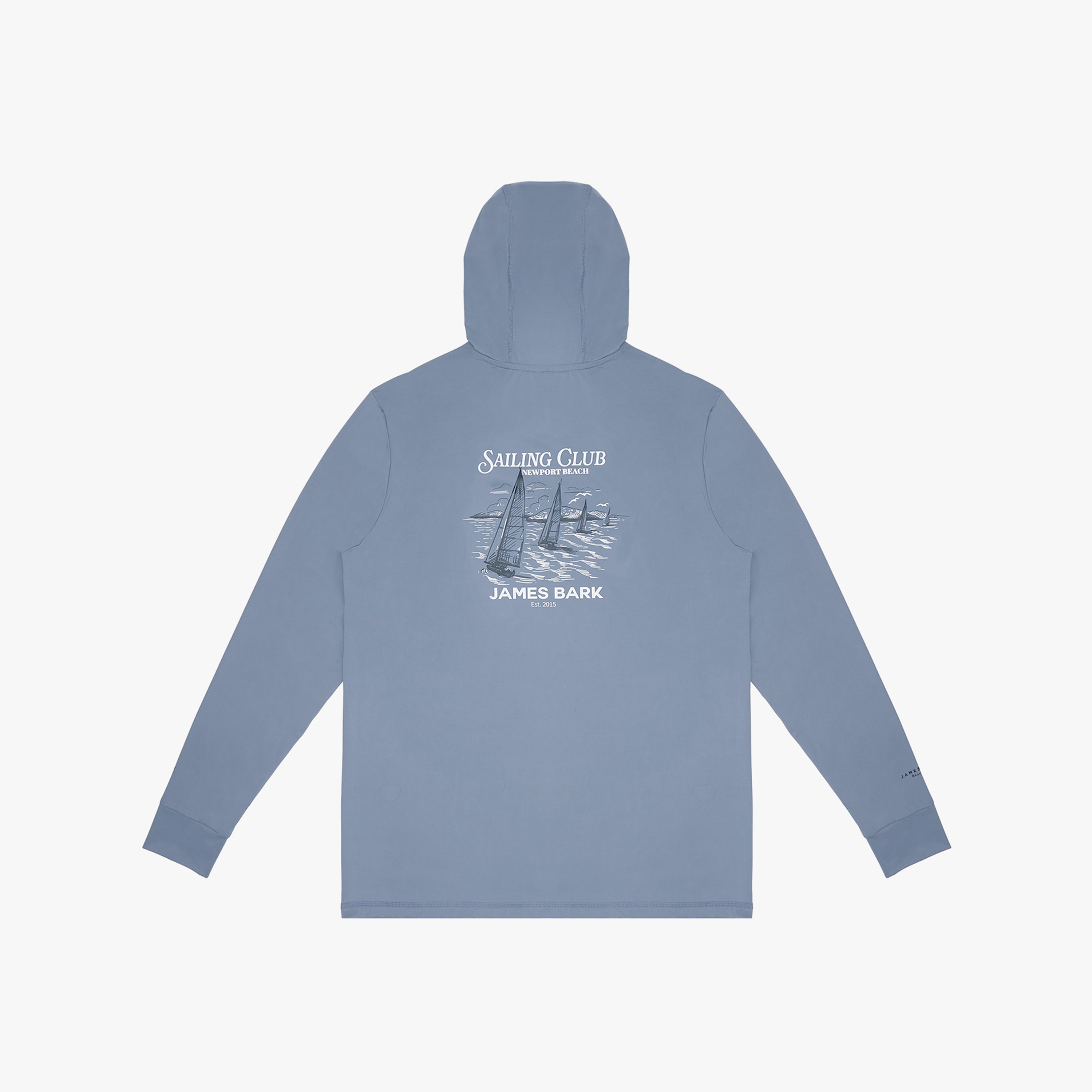A light blue hooded long-sleeve rashguard shown from the back, featuring a white graphic print of a sailing ship and the text 'SAILING CLUB' and 'JAMES BARK'.