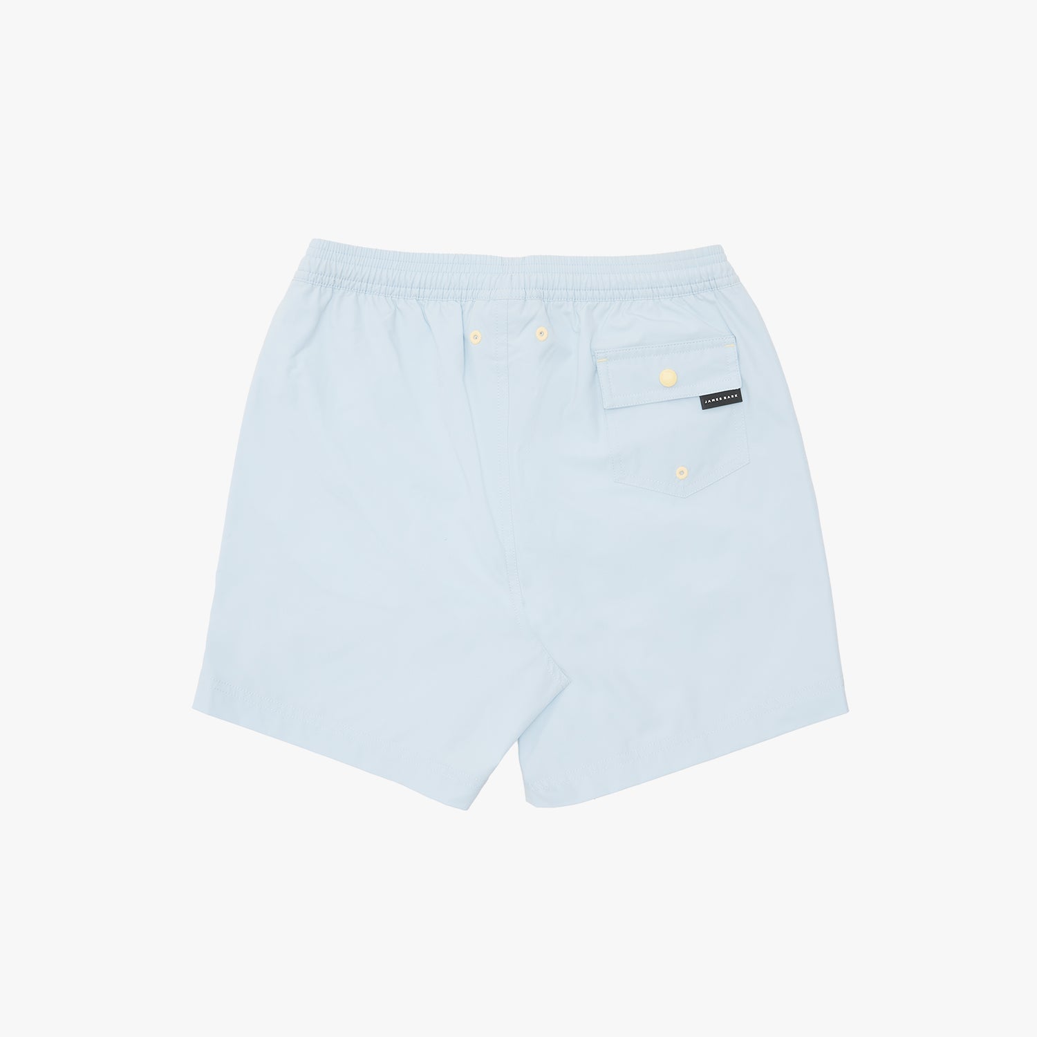 Light blue swim shorts with an elastic waistband, yellow drawstring, and a small black brand tag on the back pocket