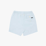 Light blue swim shorts with an elastic waistband, yellow drawstring, and a small black brand tag on the back pocket