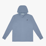 A dusty blue long-sleeve rashguard with a small black dog logo on the left chest, displayed flat