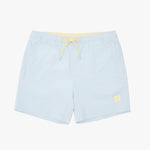 Light blue swim trunks with a yellow drawstring and a small yellow square logo patch on the lower left leg