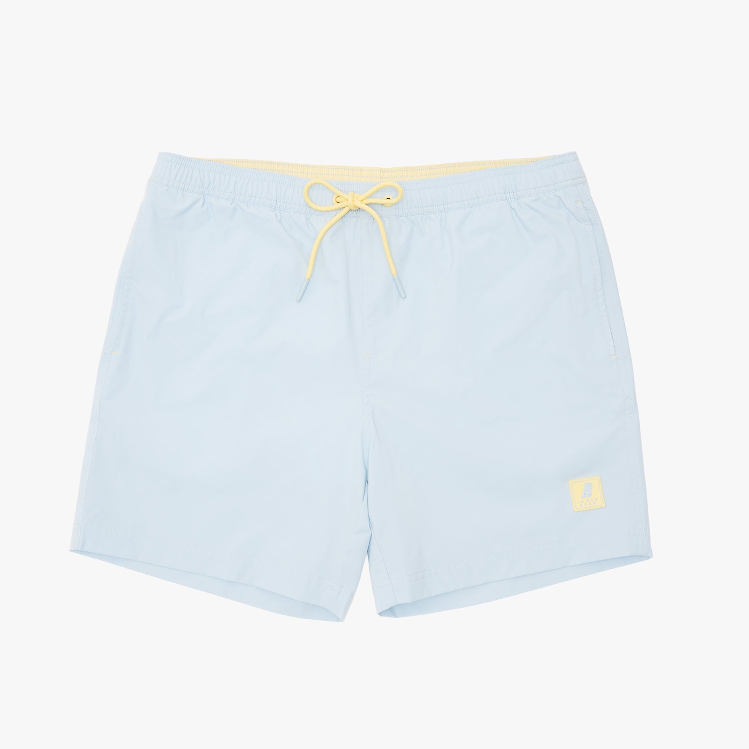 Light blue swim trunks with a yellow drawstring and a small yellow square logo patch on the lower left leg