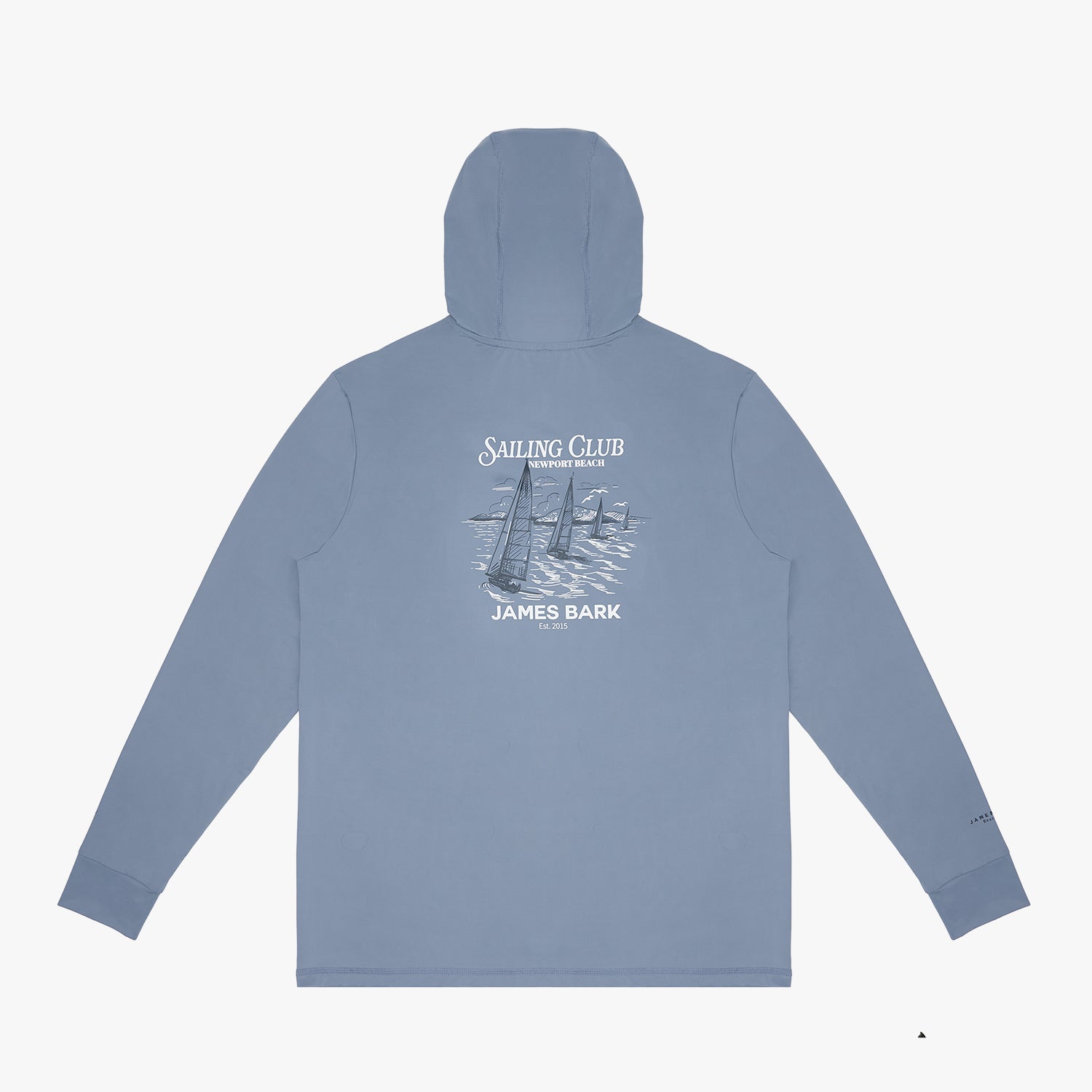 A light blue rashguard shown from the back, featuring a white graphic print of sailboats and the text 'SAILING CLUB' and 'JAMES BARK'.
