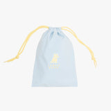 A light blue drawstring pouch with yellow drawstrings and a yellow dog silhouette logo on the front