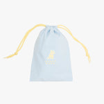 A light blue drawstring pouch with yellow drawstrings and a yellow dog silhouette logo on the front
