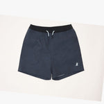 Dark navy blue athletic shorts with a black elastic waistband and white drawstrings, featuring a small white logo on the lower left leg