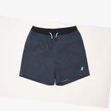 Dark navy blue athletic shorts with a black elastic waistband and white drawstrings, featuring a small white logo on the lower left leg