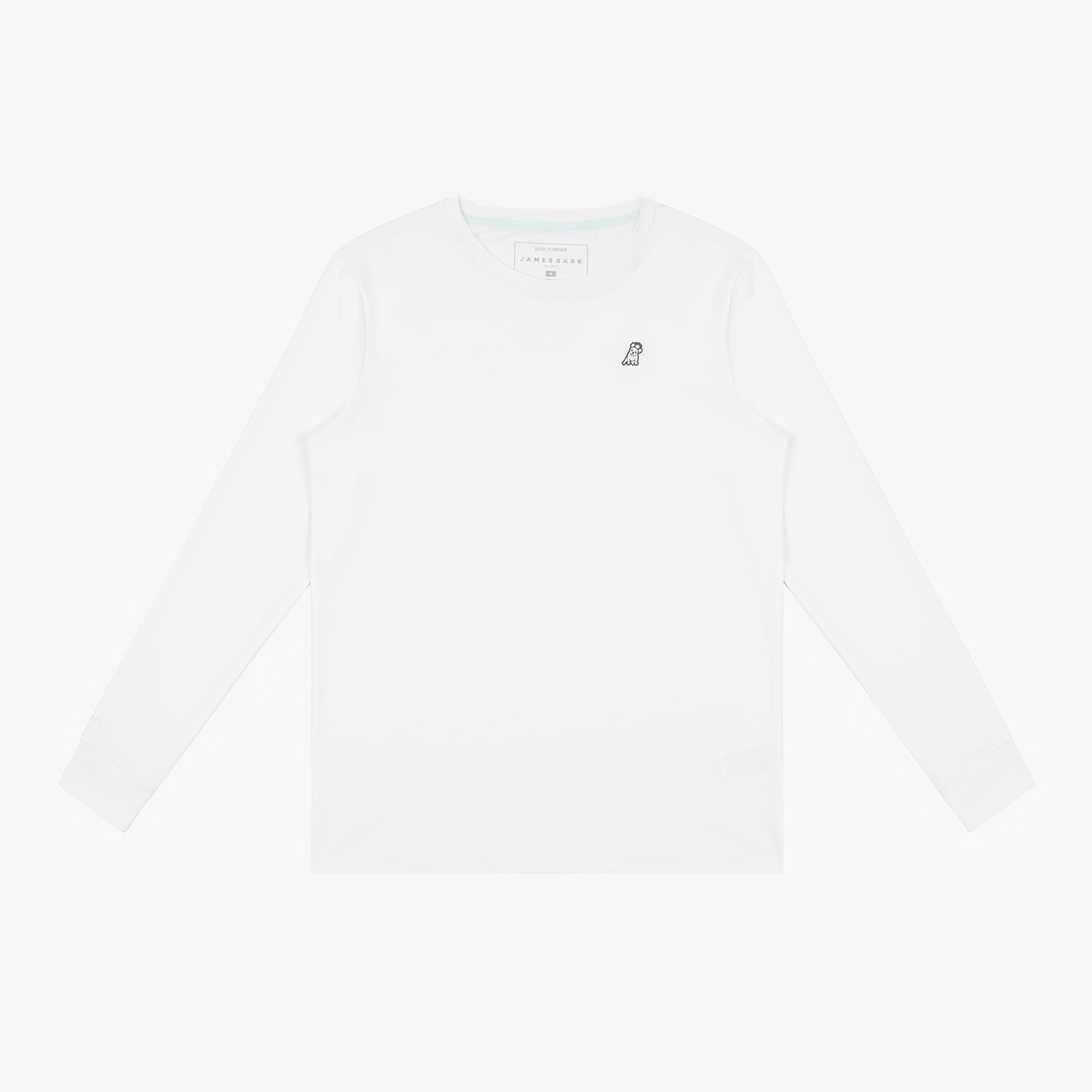 A white long-sleeve crewneck rashguard with a small dark gray logo on the left chest, displayed flat