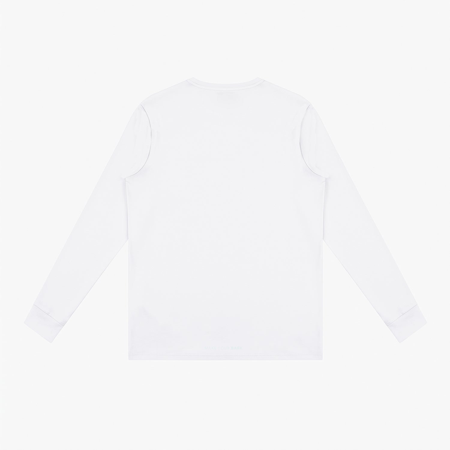 A plain white long-sleeve rashguard shown from the back, laid flat