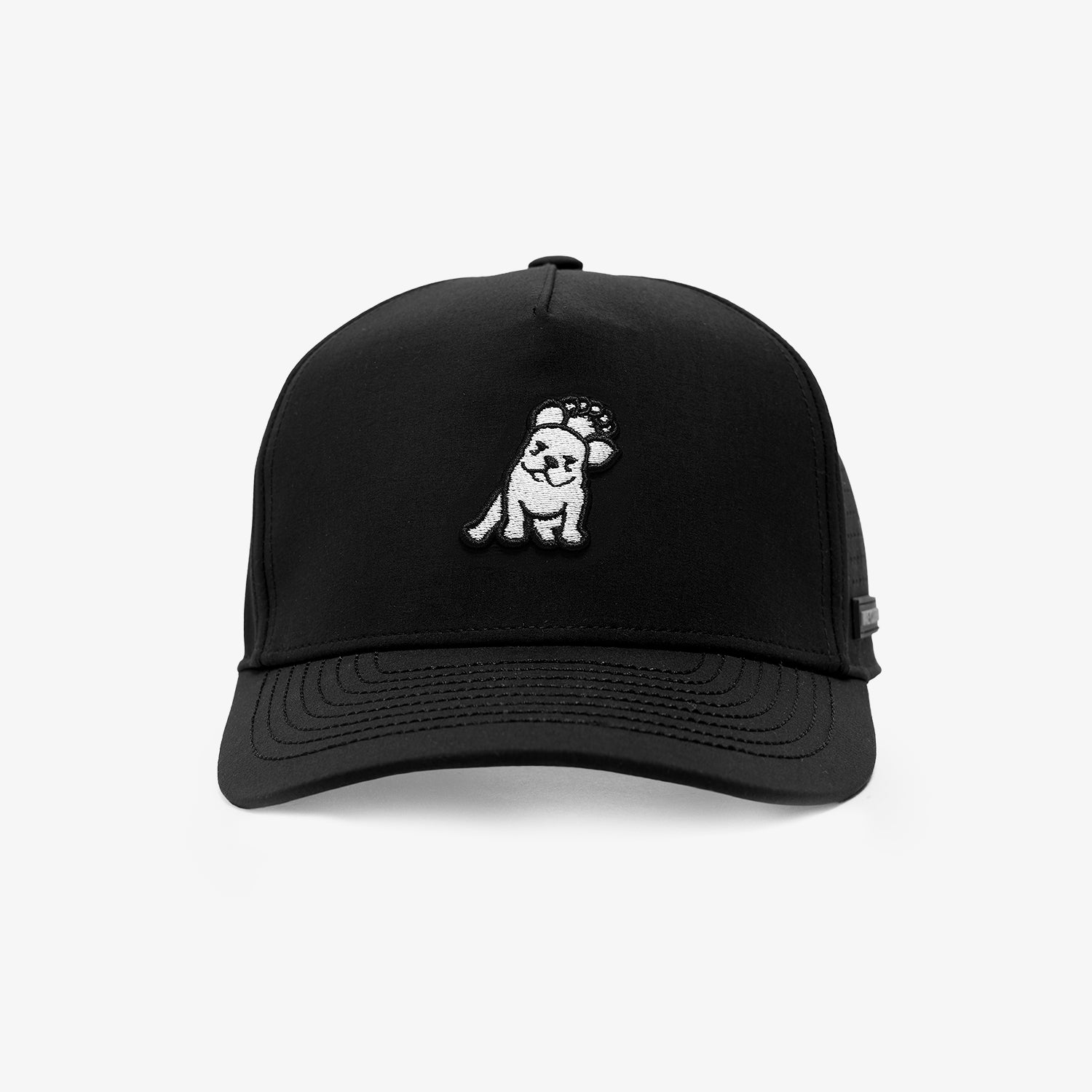 Black baseball cap with a white dog logo on the front