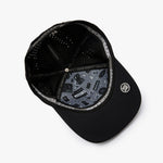 Black structured baseball cap with a curved brim, featuring a gray and black graphic pattern on the underside of the brim and a circular silver logo on the side