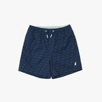 A pair of navy blue patterned swim shorts with a white drawstring and a small white embroidered logo on the lower left leg
