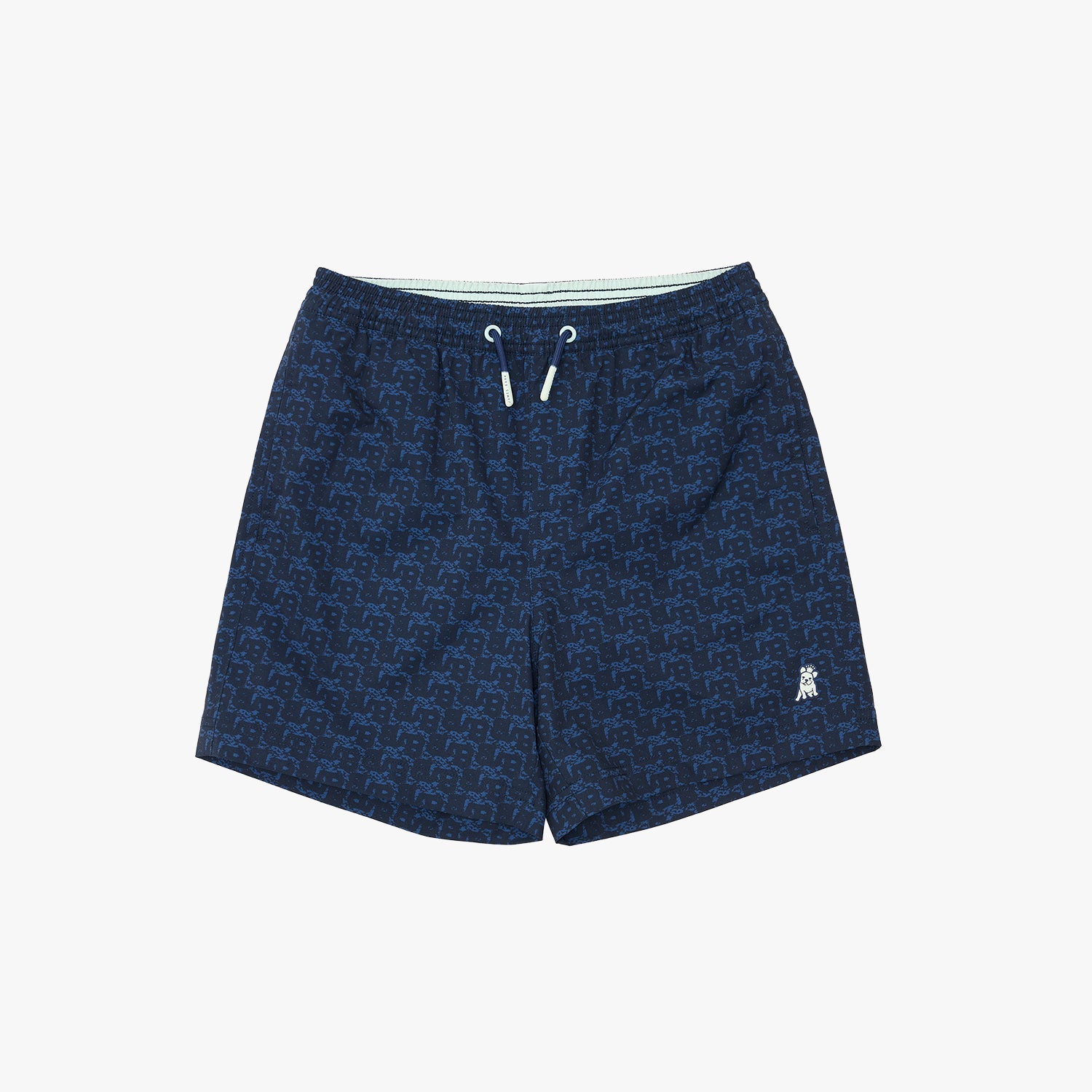 A pair of navy blue patterned swim shorts with a white drawstring and a small white embroidered logo on the lower left leg