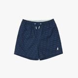 A pair of navy blue patterned swim shorts with a white drawstring and a small white embroidered logo on the lower left leg