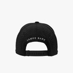 Black baseball cap seen from the back with an embroidered 'JAMES BARK' text