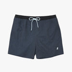 Dark navy blue swim trunks with a black elastic waistband and a white drawstring