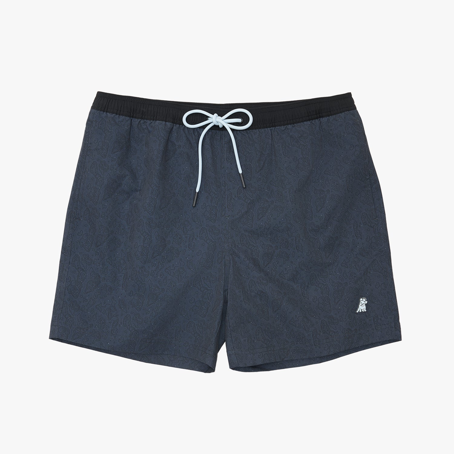 Dark navy blue swim trunks with a black elastic waistband and a white drawstring
